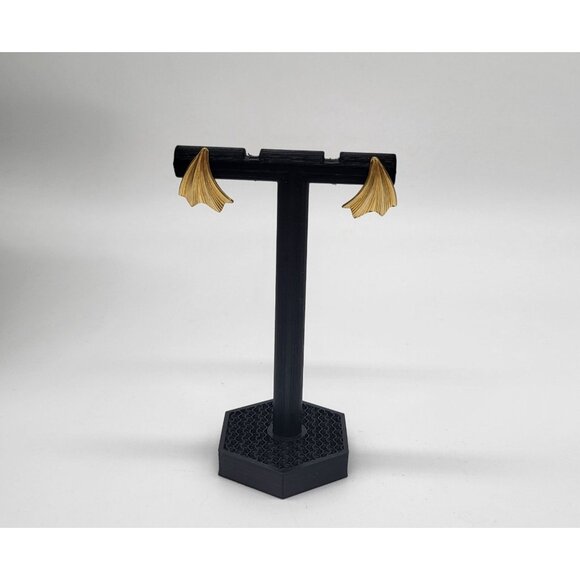 VTG Gold Tone Leaf Fan Wave Earrings Pierced Glam Costume Jewelry - Picture 3 of 6